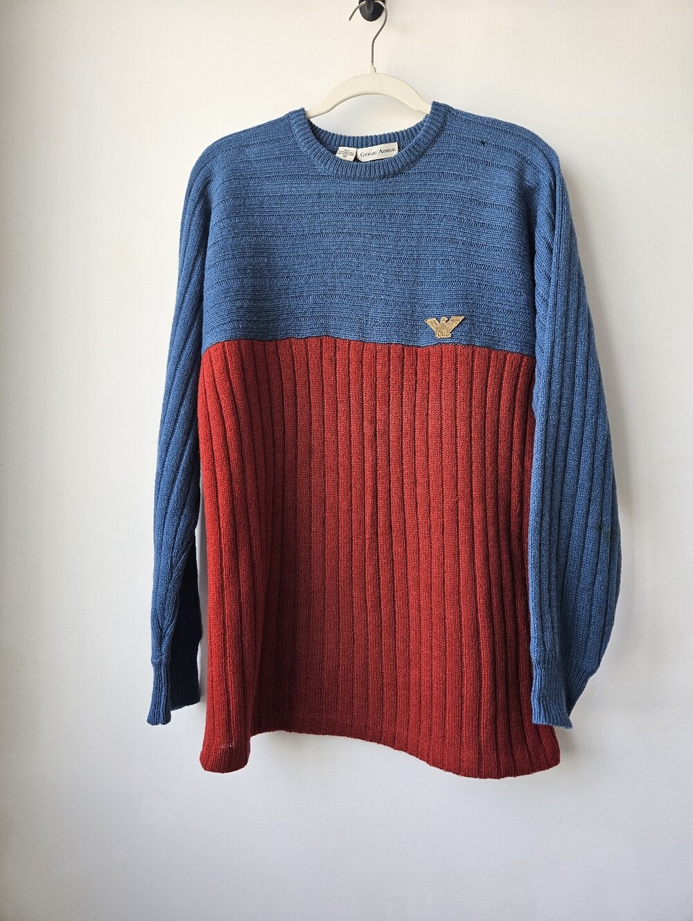 Giorgio Armani Vintage Red & Blue Wool Ribbed Logo Retro Sweater - Picture 2 of 12